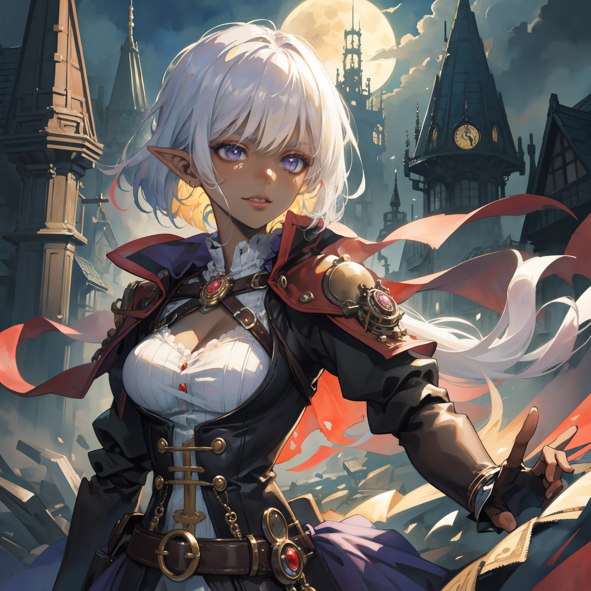 ((masterpiece )), (top quality), (best quality), ((ultra-detailed, 8k quality)), Aesthetics, Cinematic lighting, (detailed line art), Beautiful digital artwork, Exquisite digital illustration, absurdres, 
BREAK,
ultra detailed portrait of Milf Dark Elf Woman, wizard, mage, illustration in steampunk style by Yoji Shinkawa, steampunk_costume, (Wearing robe and cape), Bring a grimoire book, dynamic pose, cinematic dramatic atmosphere, watercolor painting, muted colors, watercolor style fluid and sharp focus, Art by ((Mikimoto Haruhiko)), (magical academy in steampunk architecture), dark atmosphere, ((full moon sky)), (dark night Background), (steampunk theme:1.1), intricate environment, detailed background,
BREAK,
highly detailed of (dark elf), (1girl), perfect face, details eye, Bob cut hair, Blunt bangs, (hair between eye), blonde white hair, (violet eyes), eyelashes, eyeshadow, pink eyeshadow,  glaring, smile, design art by Artgerm, by Kawacy, By Yoshitaka Amano,
BREAK, 
((perfect anatomy)), nice body, medium breast, (extremely detailed finger), best hands, perfect face, beautiful face, beautiful eyes, perfect eyes, perfect fingers, correct anatomy, ((dark skin)),