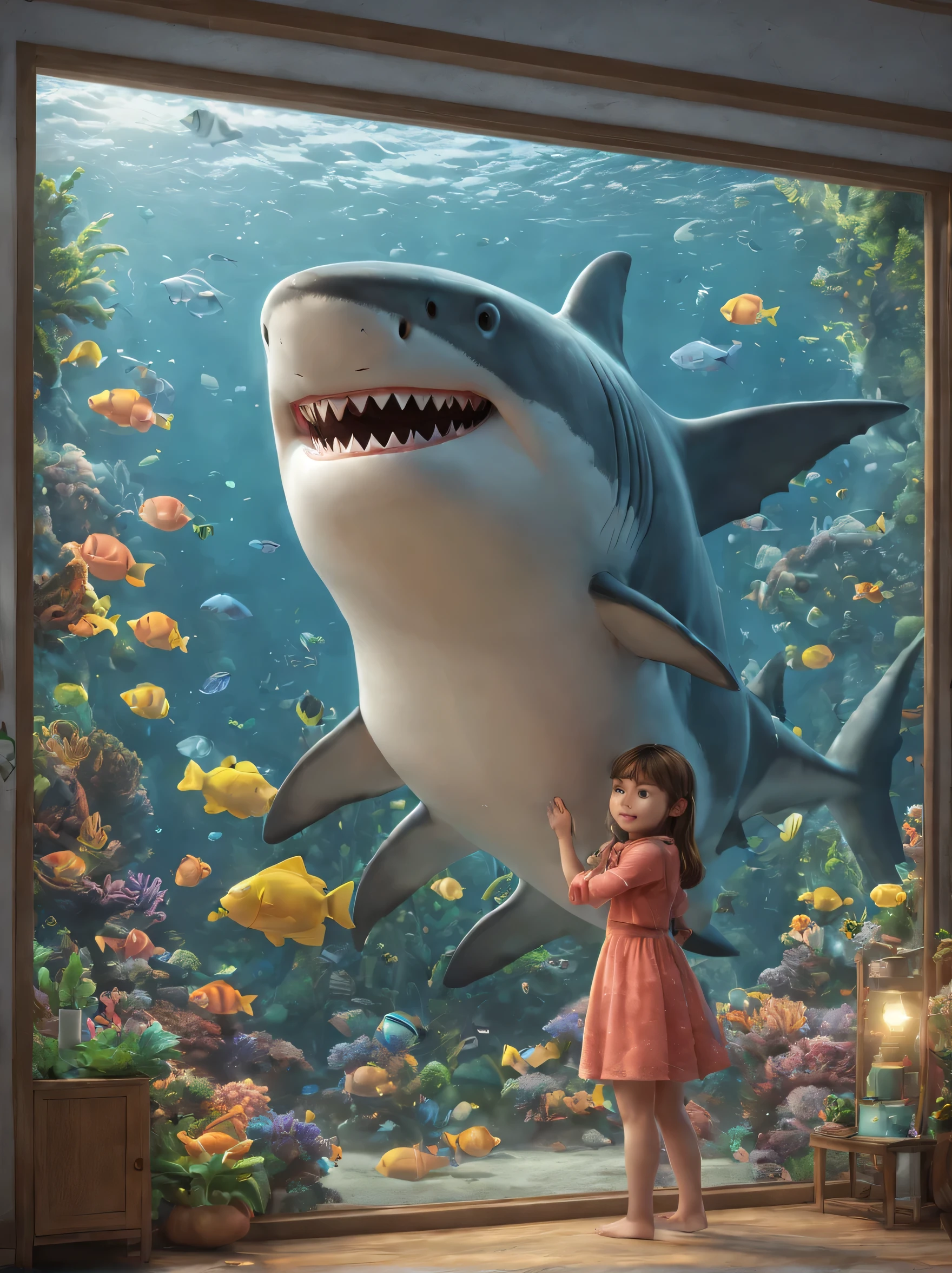 (1 cute shark:1.5, Pixar:1.1, coral:1.2, underwater:1.1),Studio Ghibli style, 2d illustration,Color is super bright,Soft skin tone,Naked Eyes Playful and Expressive Eyes，自然主义的coral，异想天开的underwater场景，Fantastic lighting，Detailed introduction，Happy and peaceful melody，noir photography style