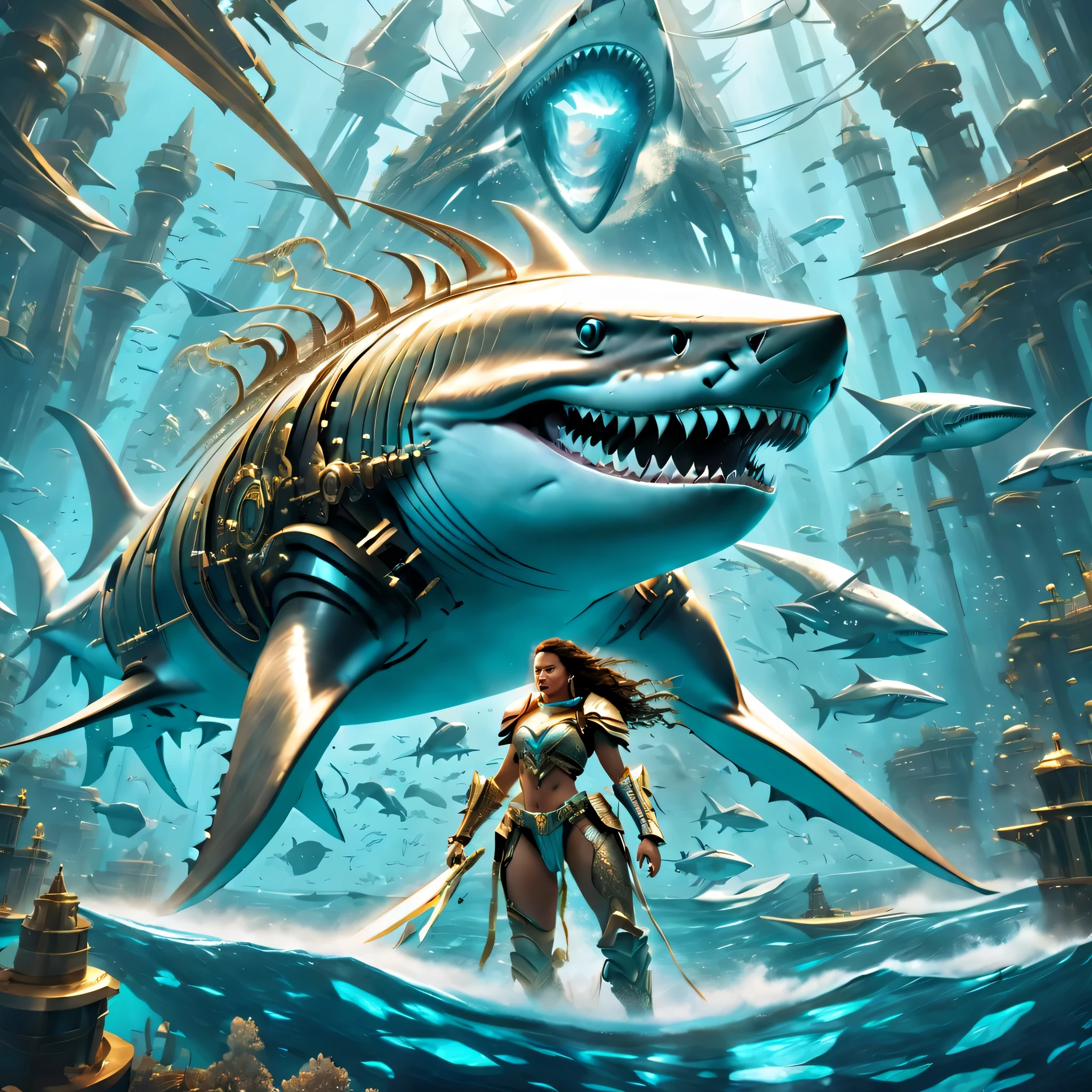 Images set in the depths of futuristic high-tech Atlantis, Depicts a beautiful female warrior riding a full body, Cyborg megalodon from head to tail. Megalodon blends ancient grandeur with futuristic technology, Parts of its body display mechanical enhancements. These mechanical components integrate seamlessly with their natural surroundings, blocky form, Highlighting features such as its powerful teeth and powerful structure. Female warriors are portrayed as strong and graceful, Advanced armor that combines traditional and futuristic styles. Background shows the advanced underwater city of Atlantis, Full of technological wonders, Strengthen the overall theme of harmonious integration of nature and technology.