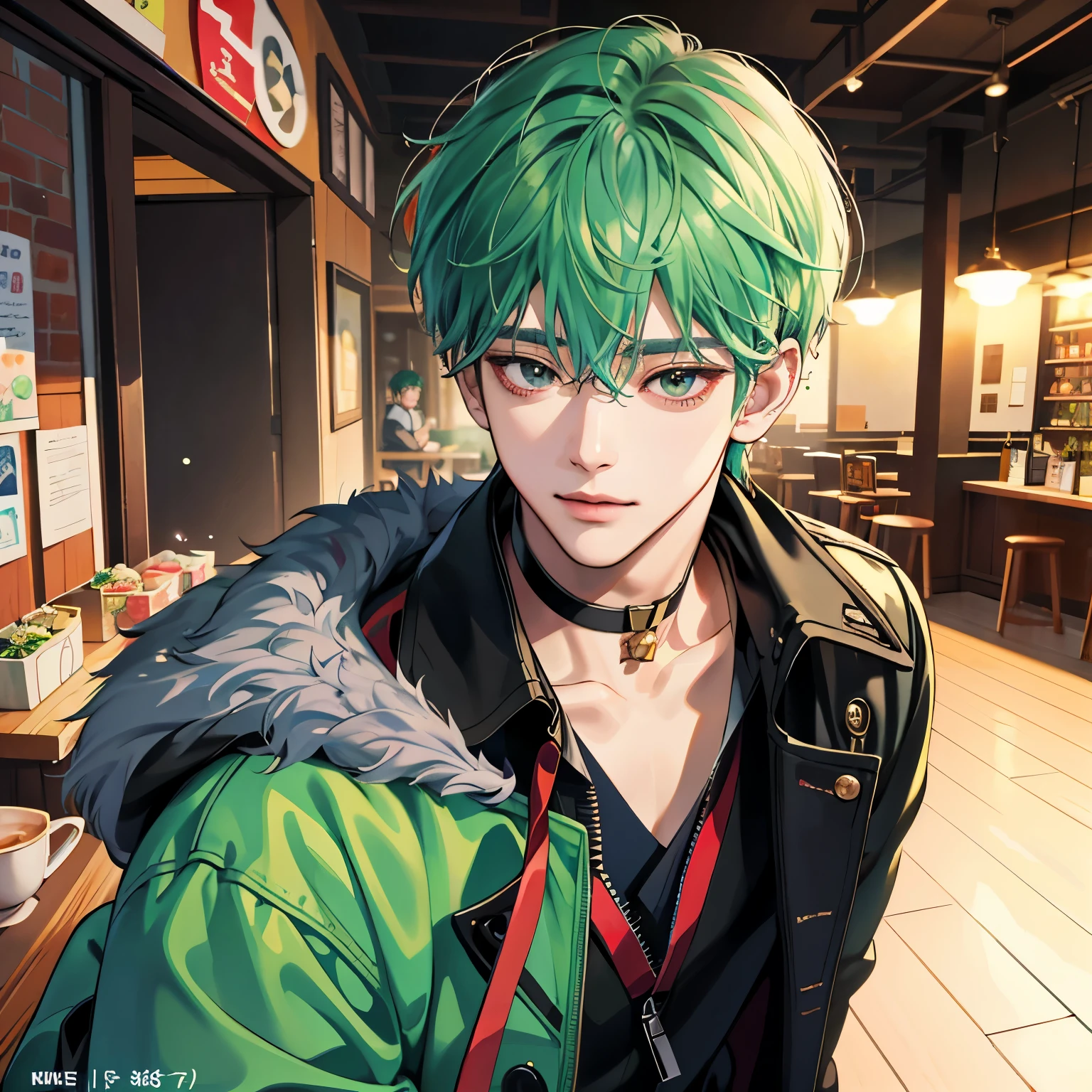 Anime guy with green hair and green eyes in a restaurant - SeaArt AI