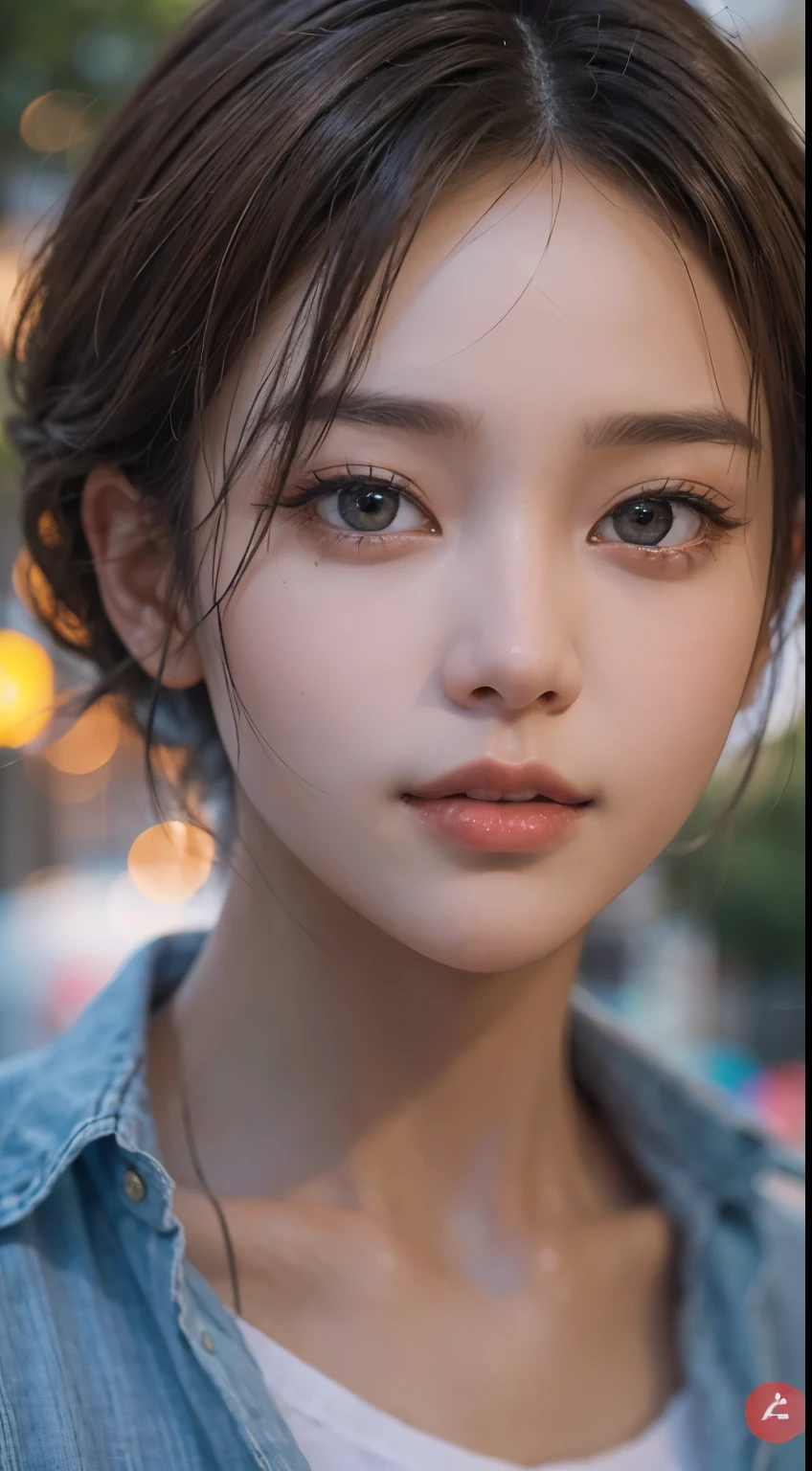 Masterpiece, 1 beautiful girl, detailed eyes, swollen eyes, top quality, super high res, (realism: 1.4), original photo, cinematic lighting, Japanese, very beautiful, beautiful skin, slender, (super realistic), (high res), (8K), (very detailed), (beautifully detailed eyes), (super detailed), ( (detailed face), looking at viewer, very smiling, looking straight ahead, black colored eyes, body facing forward, bright street trees, brown hair color, short cut, urban street trees in background, pretty light blue Y shirt,