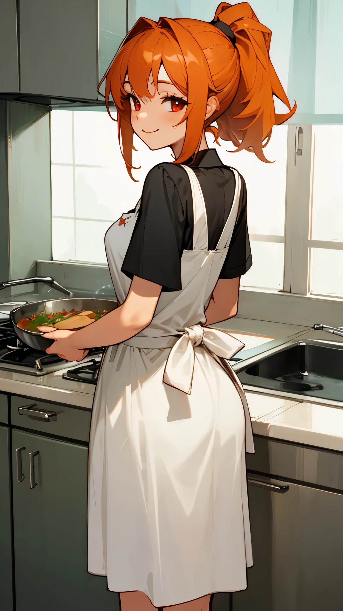 The cute lady shrimp cooks a delicious dish in the kitchen,  from behind 、orange hair、ponytail、round red eyes、small breasts、apron、Clothes based on green and orange colors、smile、smile