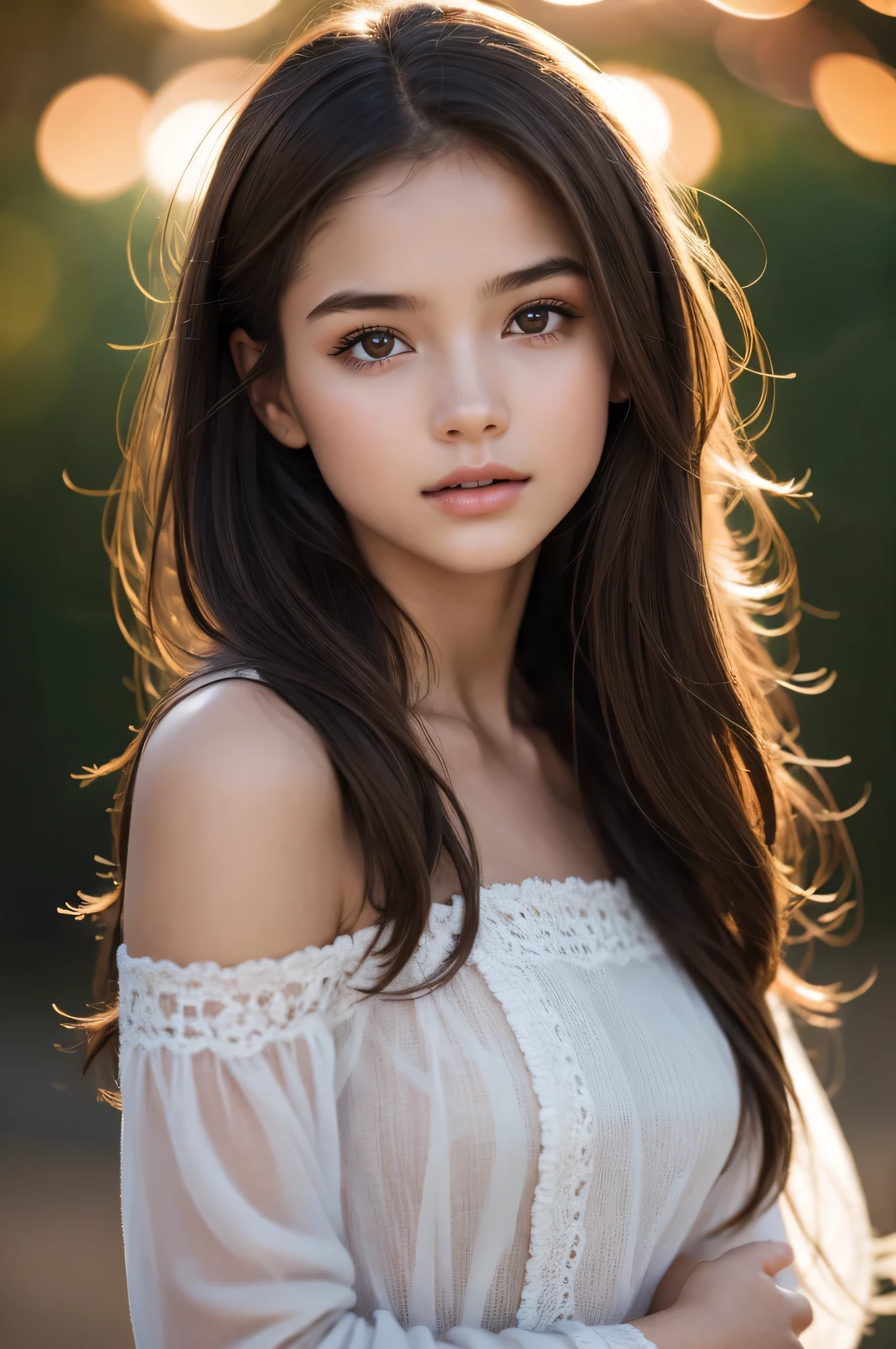 (best quality), (ultra-detailed), (llustration), (detailed light), (an extremely delicate and beautiful), 1young girl, brown hair, brown eyes, model, bare shoulders, best quality, extremely detailed CG unified 8k wallpaper, High-definition raw color photos, professional photograpy, (((Bokeh))), depth of fields, twilight, sunset,