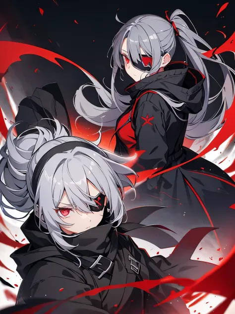 gray hair　red eye　black clothes　the scytheを持っている　boots　eyepatch　Kitchen two disease　cool　Crow　the scythe　dark　dark darkness　大the...