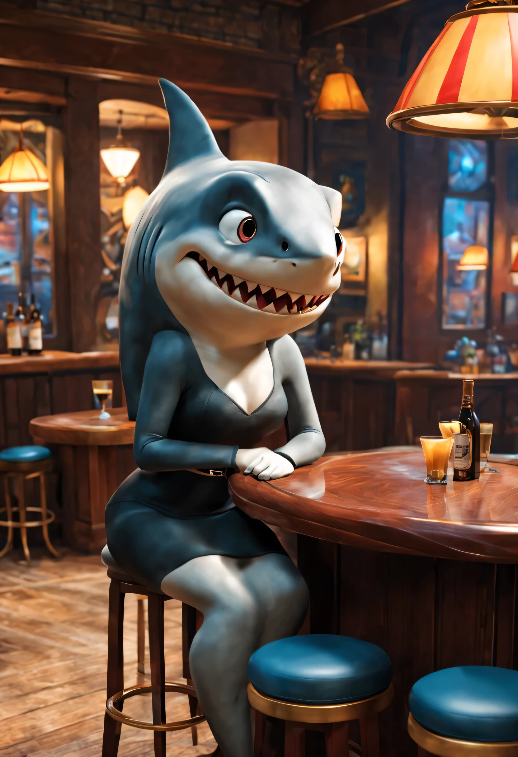 a picture of an (anthropomorphic shark: 1.4) female anthropomorphic shark, sitting in a bar, wearing black mini dress, (grey shark skin: 1.2), pixar style 16k, RAW, [best detailed], masterpiece, best quality, High Detail, Ultra High Quality, High Resolution, 16K Resolution, Ultra HD Pictures, Realistic, Clear Details, Realistic Detail, Ultra High Definition