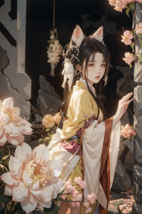 (masterpiece), (best quality), 1girl, girl with fox ears, Hanfu, ancient China, sexy, outdoor, peony, sunny, windy, ancient Chin...