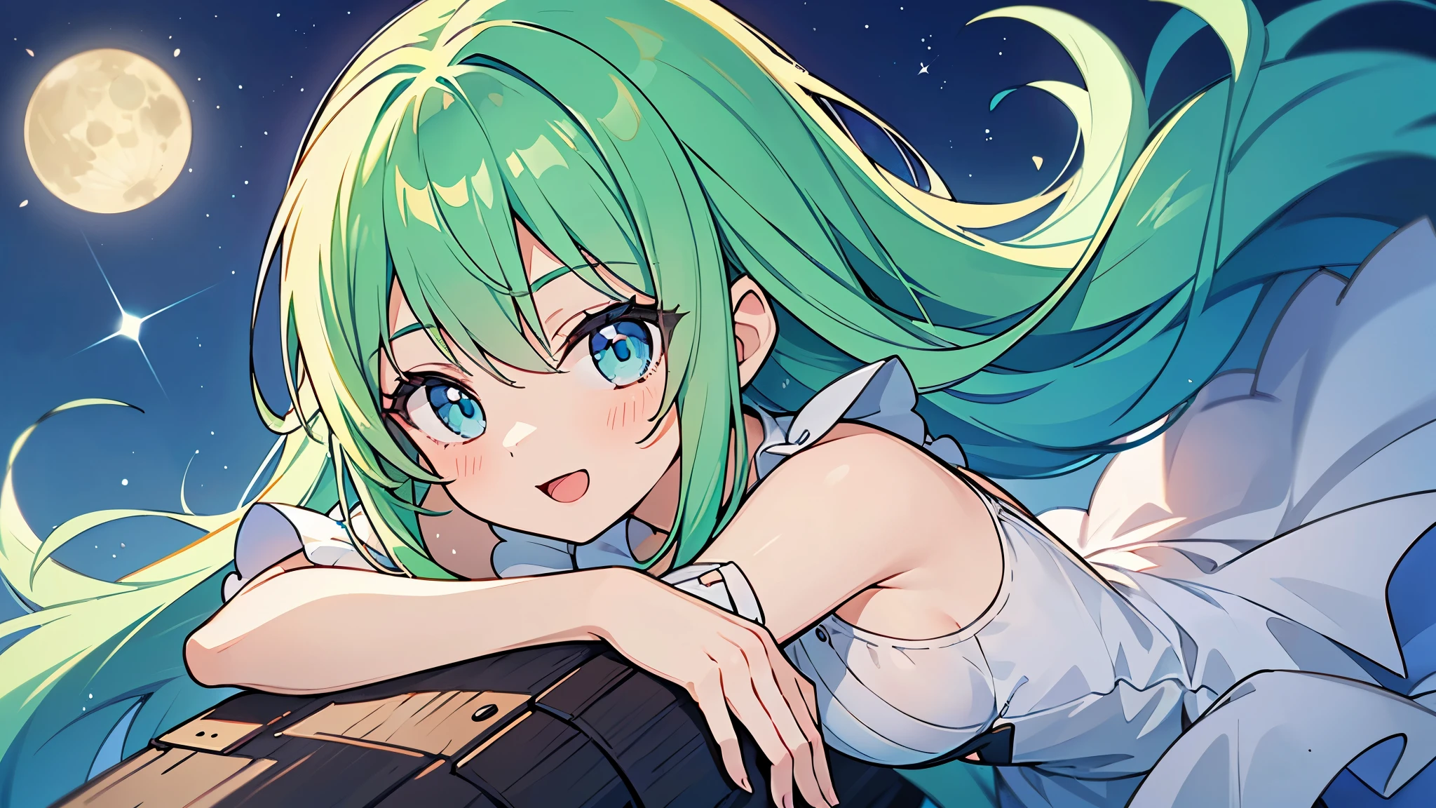 A Pretty with green hair and blue eyes wearing one piece dress