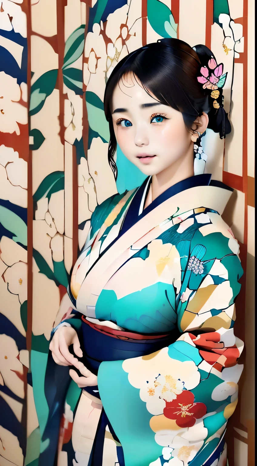 ((Fondo de pantalla CG Unit 8k altamente detallado, Obra maestra, alta resolución, de la máxima calidad, de la máxima calidadのリアルテクスチャスキン)), ((hermosos ojos color turquesa:1.2、buena apariencia perfecta、Anatomía、２０talento、Cara linda、hermosa mujer caucásica、Una mirada aburrida、Labios gruesos, parte superior del cuerpo, haori patrón japonés,)),postura muy correcta、Un kimono pesado con un bonito estampado.、Elegant kimono、 ((pared colorida con patrón geométrico, pared de patrón japonés, , mariposa, Floral)), surreal, pintura digital,
