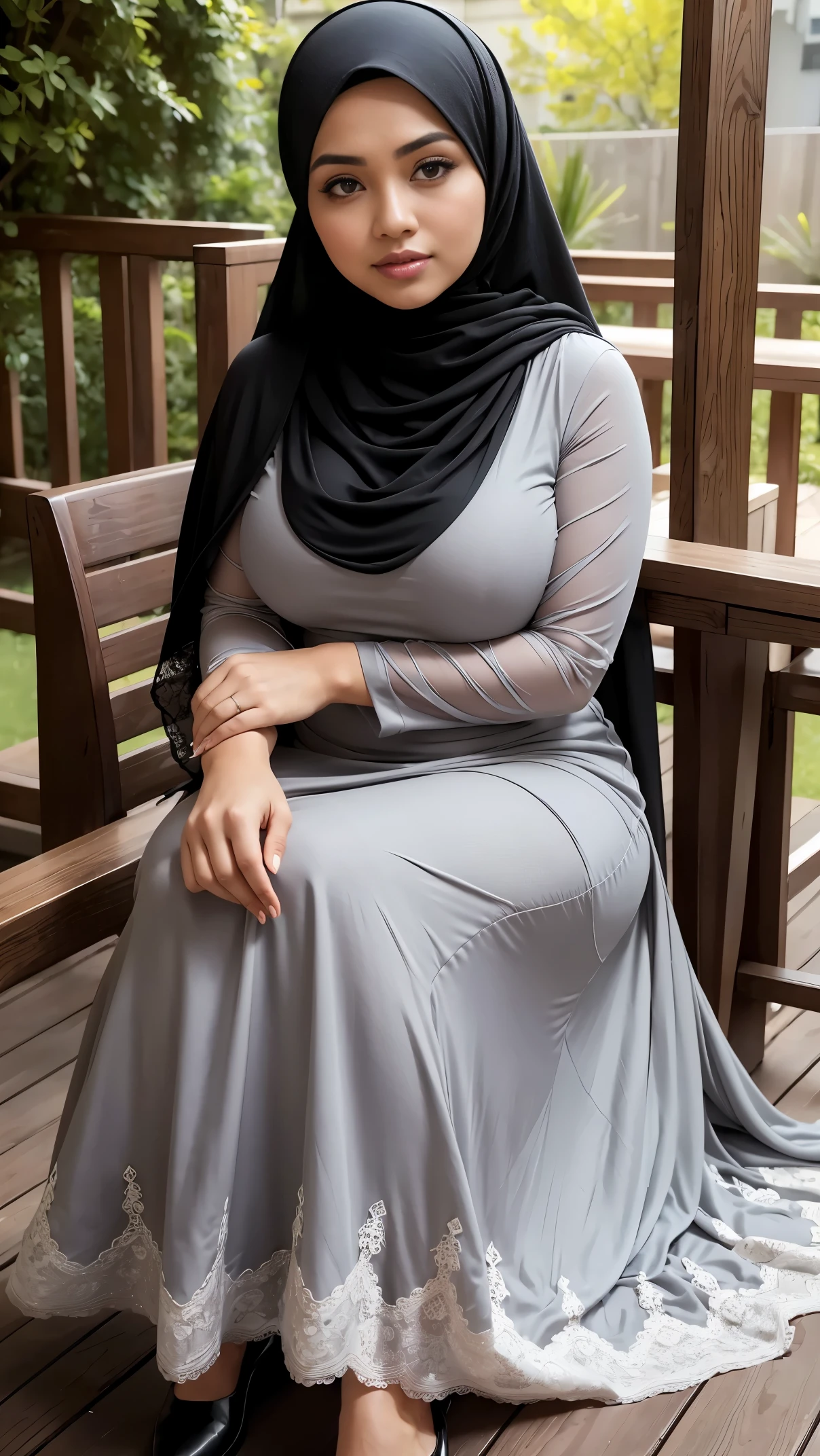 A close up of a woman sitting on a bench wearing a hijab - SeaArt AI