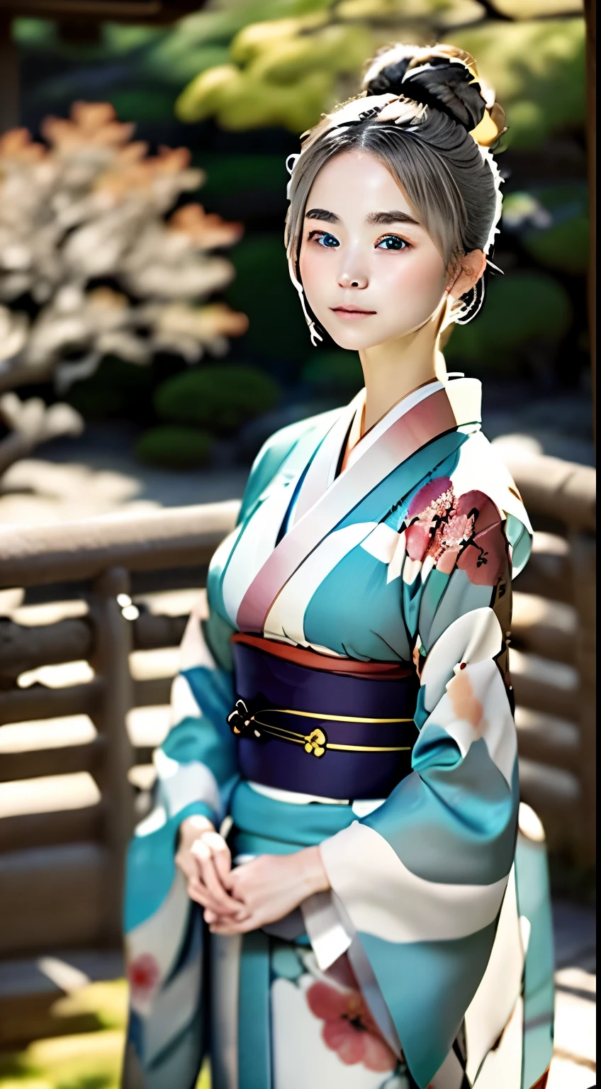 beautiful turquoise eyes、beautiful nordic girl、１６talent、ash gray hair、bun hair、Perfect good looks、Beautiful skin like porcelain、detailed skitomy、Correct depiction of the human body、An ennui look、plump lips、kimono、Beautiful Nishijin-ori kimono、A kimono with a detailed pattern、elegant、silence、refinement、highest quality、Highest image quality、master piece:1.3、Portrait、perfect lighting、professional photographer、The background is blurry、blurred background、Gardens in Kyoto、Karesansui、sand and rock garden、old taste