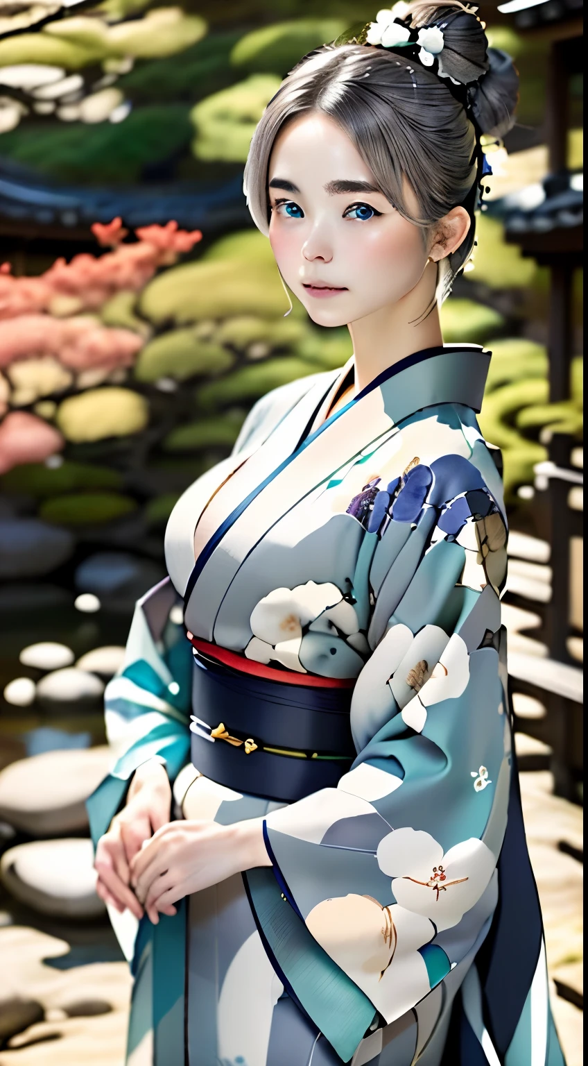 beautiful turquoise eyes、beautiful nordic girl、１６talent、ash gray hair、bun hair、Perfect good looks、Beautiful skin like porcelain、detailed skitomy、Correct depiction of the human body、An ennui look、plump lips、kimono、Beautiful Nishijin-ori kimono、A kimono with a detailed pattern、elegant、silence、refinement、highest quality、Highest image quality、master piece:1.3、Portrait、perfect lighting、professional photographer、The background is blurry、blurred background、Gardens in Kyoto、Karesansui、sand and rock garden、old taste