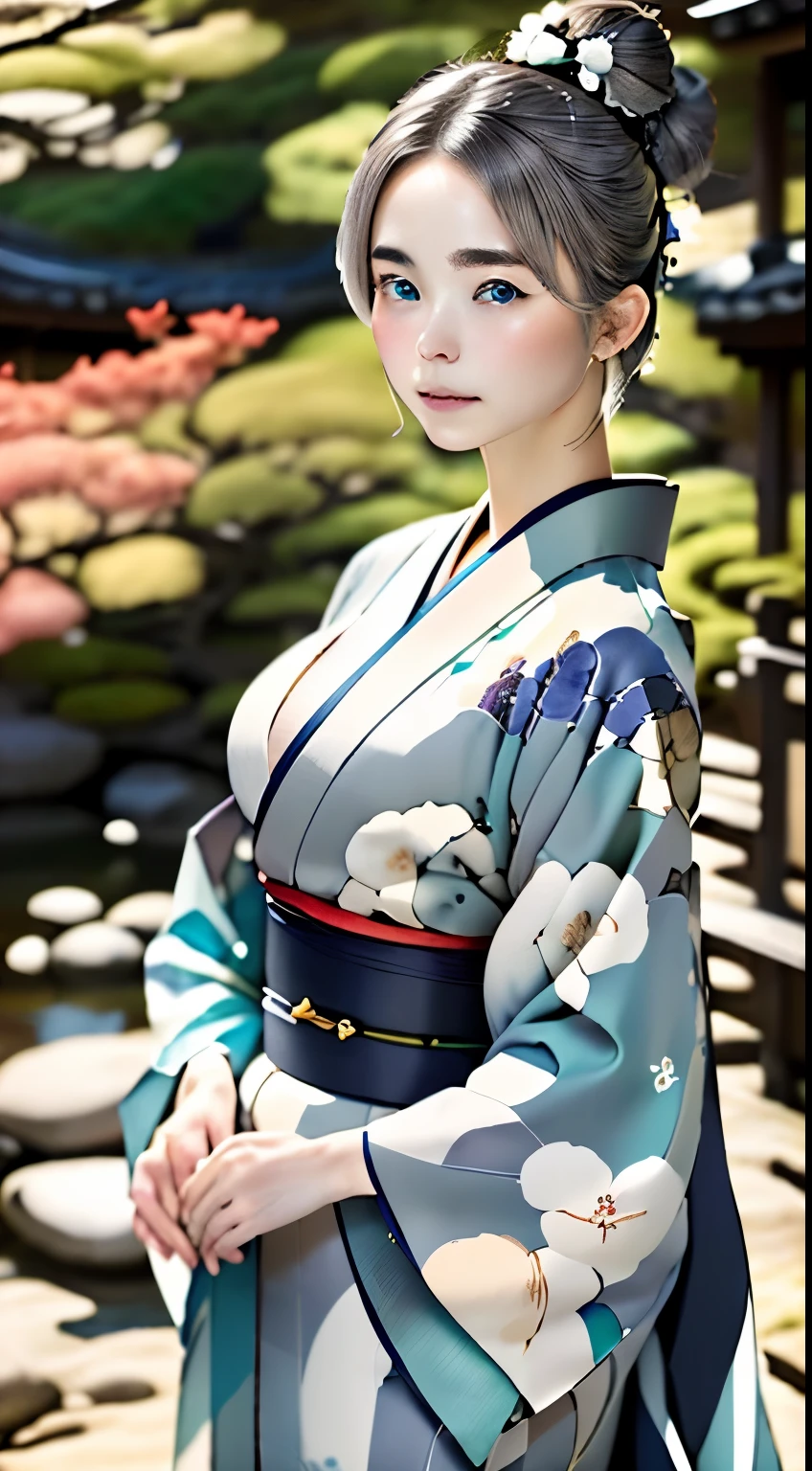 beautiful turquoise eyes、beautiful nordic girl、１６talent、ash gray hair、bun hair、Perfect good looks、Beautiful skin like porcelain、detailed skitomy、Correct depiction of the human body、An ennui look、plump lips、kimono、美しい西陣織のkimono、きめの細かい柄のkimono、Elegant、silence、refinement、highest quality、Highest image quality、master piece:1.3、Portrait、perfect lighting、professional photographer、The background is blurry、blurred background、Gardens in Kyoto、Karesansui、sand and rock garden、old taste