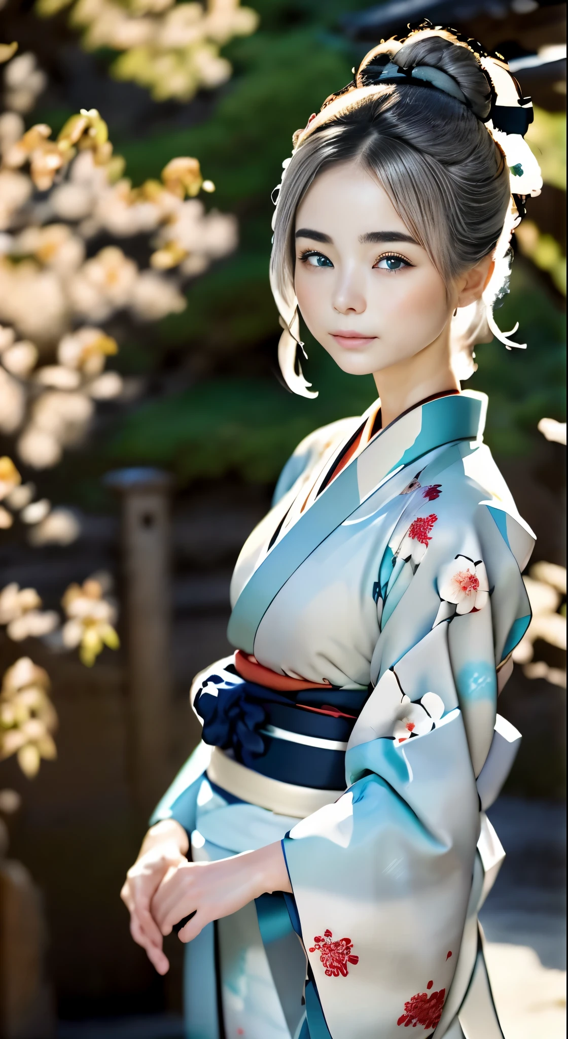 hermosos ojos color turquesa、hermosa chica nórdica、１６talento、pelo gris ceniza、pelo de moño、buena apariencia perfecta、Piel hermosa como porcelana、skitomía detallada、Representación correcta del cuerpo humano.、Una mirada aburrida、Labios gruesos、kimono、Hermoso kimono Nishijin-ori、Kimono con un fino estampado.、Elegant、silencio、refinamiento、de la máxima calidad、Máxima calidad de imagen、obra maestra:1.3、retrato、iluminación perfecta、fotógrafo profesional、El fondo esta borroso、fondo borroso、Jardines en Kioto、karesansu、jardín de arena y rocas、viejo gusto