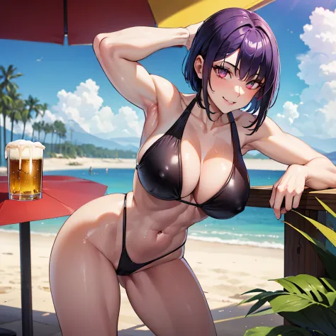 (((1girl) ,pale skin, Masterpiece, ultra quality)), purple short hair, red eyes, posing to pictures, muscle body,strong body, muscle arms, muscle legs,black brazilian micro bikini, oiled body, smiling, drinking a beer, on beach