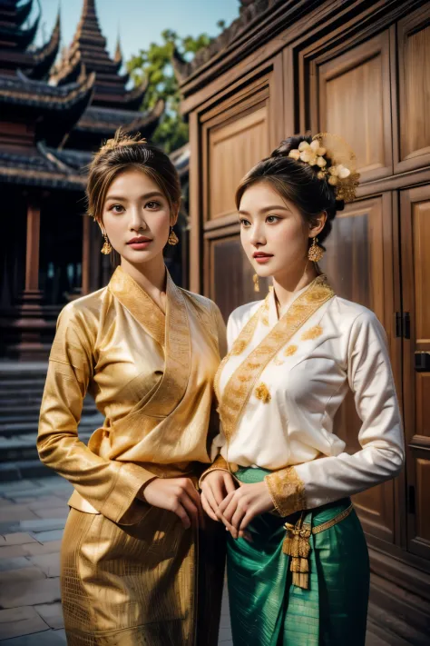 two beautiful young women of Tai Khun descent, adorned in a meticulously crafted Keng Tong Tai Khun traditional outfit, stands g...