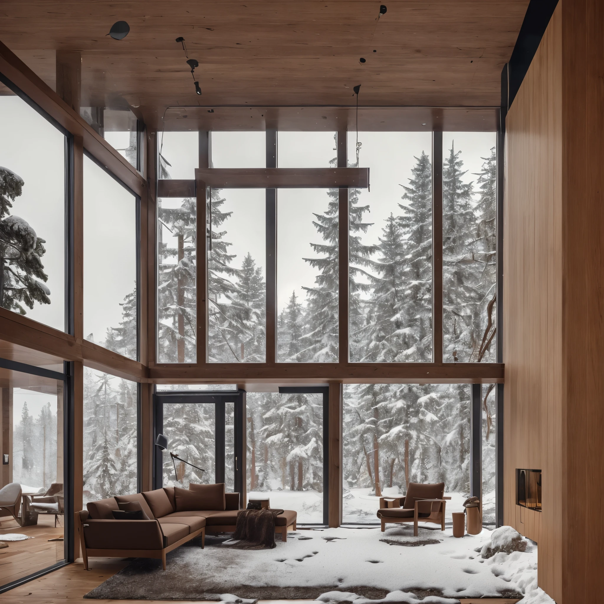 8k,32k,best quality, chair, sofa, plant, snow landscape, absurdities, composition, cup, interior, floor to ceiling window, wooden floor, living room, dark brown