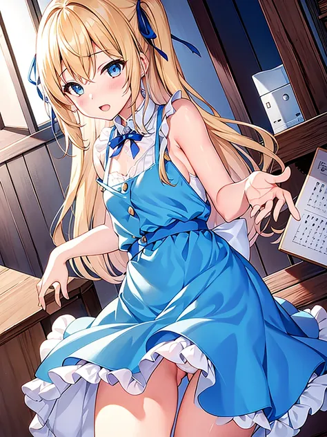 1girl、（masturbation、NSFW）、laughter、light blue dress、white apron - SeaArt AI