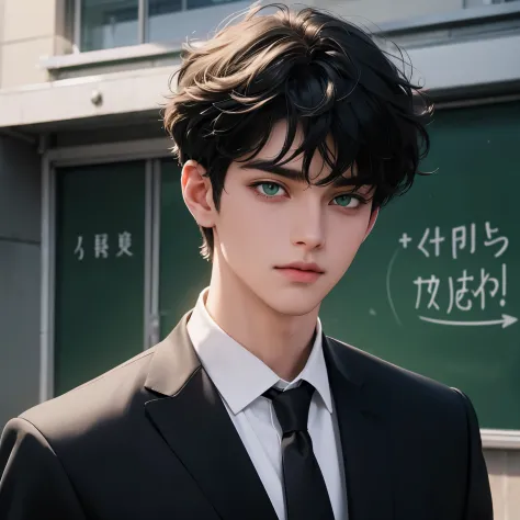 Green eyes, monolid eyes, Short hair, Black hair, Fringe curly haircut, using school uniform for a senior boy, in the school, no...