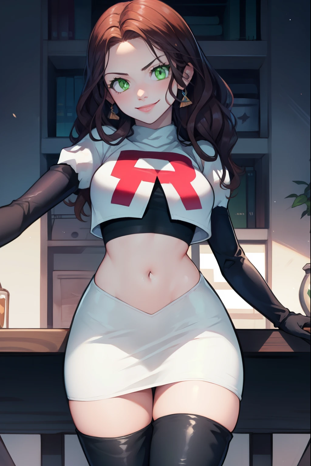 Dorothea, green eyes, glossy lips ,Team Rocket,Team Rocket uniform, red letter R, white skirt,white crop top,black thigh high boots, black elbow gloves , looking at the viewer, evil smile, fold your arms