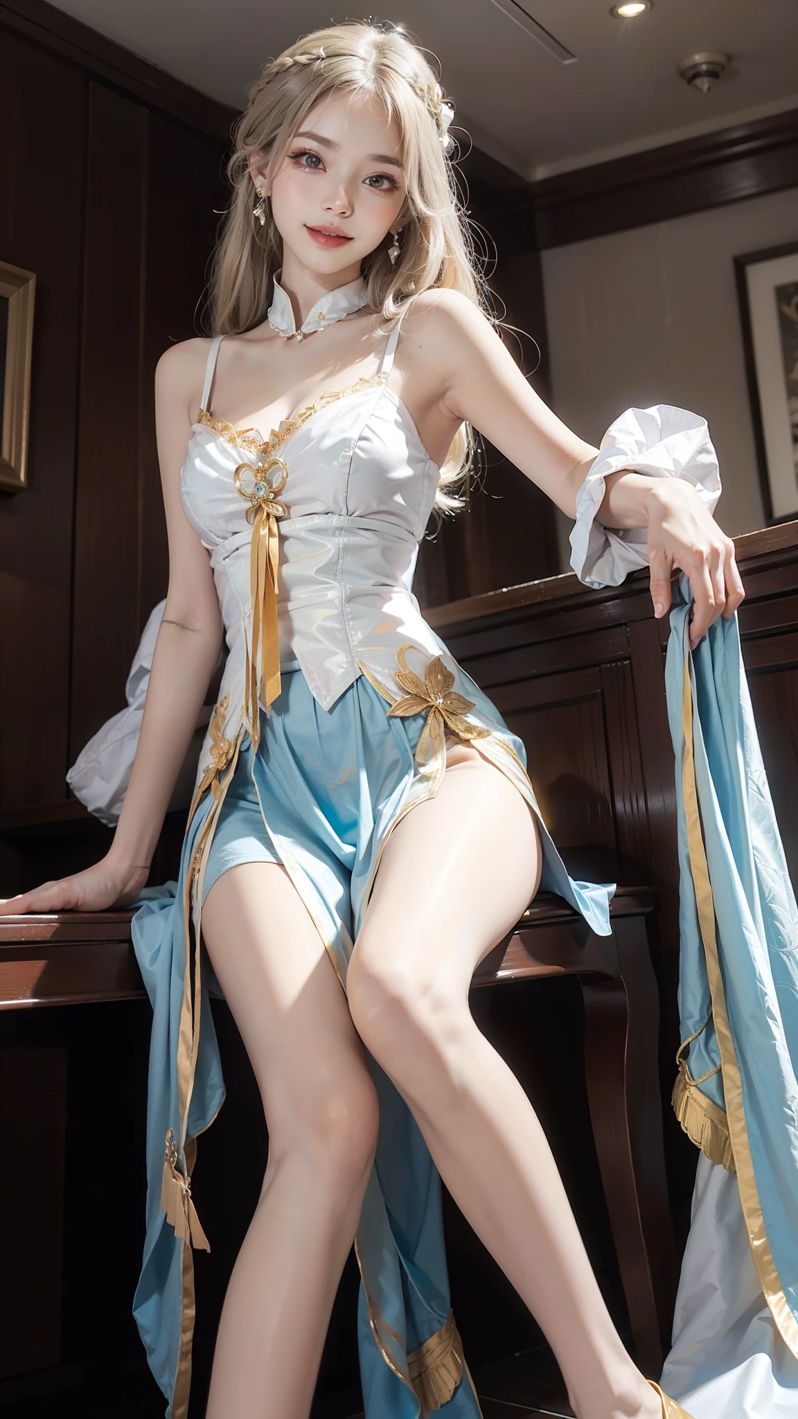 ((knee shot)), ((from below)),A young girl, In the bar, sit on chair, Cross ed leg, posing elegantly, Detailed scenes, Long messy hair, Brownish-yellow hair, light make-up, Blushlush, Nice slender legs, (Extremely high color saturation), Detailed details, ultra-detailliert, (tmasterpiece, best qualtiy), (An extremely delicate and beautiful work), Delicate earrings, Delicate necklace, Simple blurred background, Extreme detail description,  Ultra-fine painting, Delicate face, slim toned body, Slimming the waist, (grin), (anatomy correct)