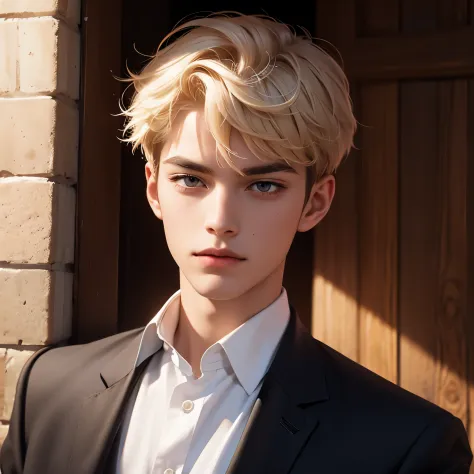 Black eyes, Almond eyes, Short hair, Blonde hair, Wavy hair, pixie cut, using school uniform for a senior boy, in the school, normal face, bright color.