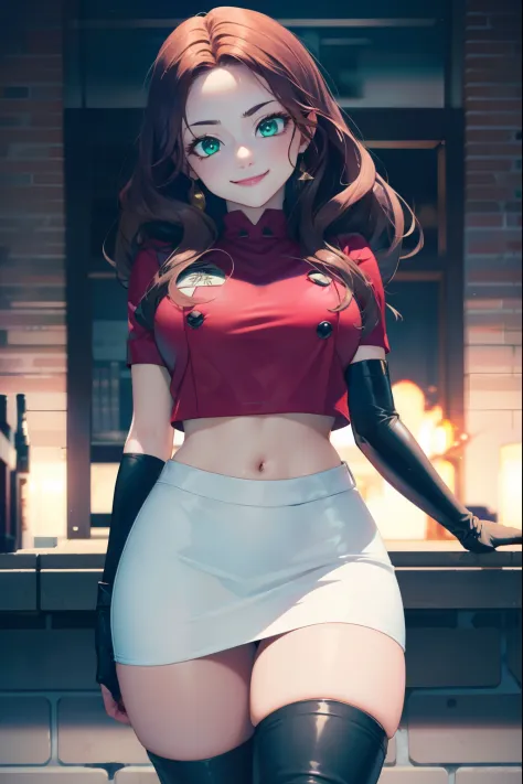 Dorothea, green eyes, glossy lips ,Team Rocket,Team Rocket uniform, red letter R, white skirt,white crop top,black thigh high boots, black elbow gloves , looking at the viewer, evil smile, fold your arms