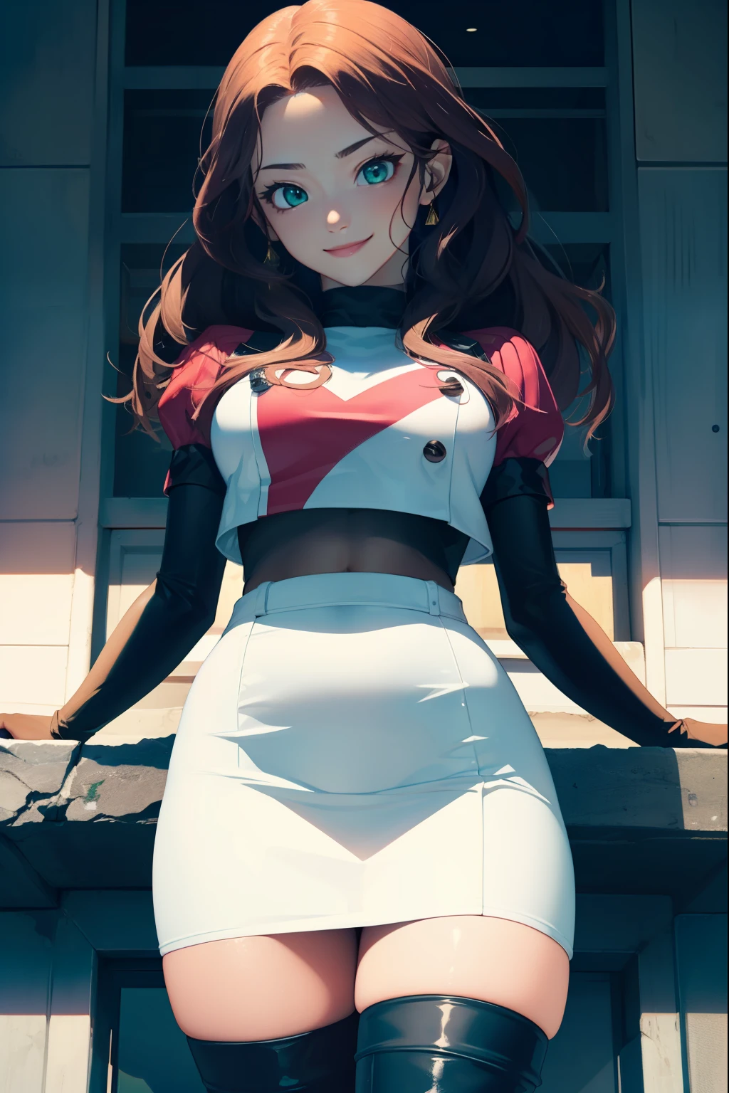 Dorothea, green eyes, glossy lips ,Team Rocket,Team Rocket uniform, red letter R, white skirt,white crop top,black thigh high boots, black elbow gloves , looking at the viewer, evil smile, fold your arms