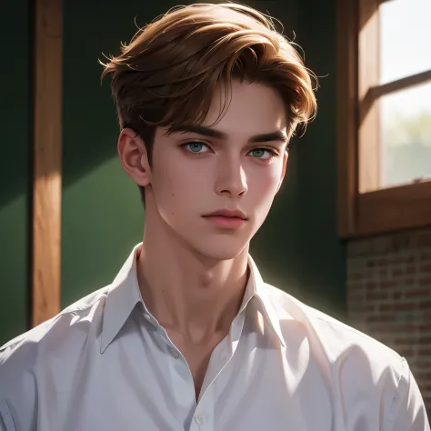 Green eyes, Monolid eyes, Short hair, Ginger hair, Straight hair, Slicked back hair, brownish skin tone, using school uniform for a senior boy, in the school, normal face, bright color.