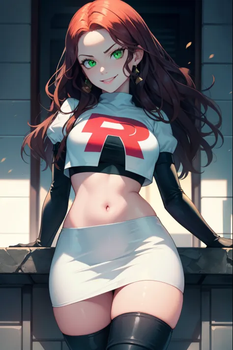 Dorothea, green eyes, glossy lips ,Team Rocket,Team Rocket uniform, red letter R, white skirt,white crop top,black thigh high bo...