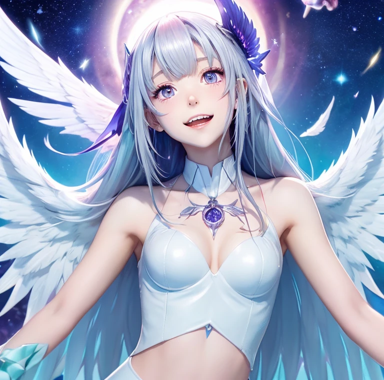 the anime of a white angel girl in between a purple star and clouds with an earthy color palette, sharp teeth, wings, 1girl, solo, teeth, jewelry, long hair, ahoge, crescent, halo, star (symbol), star (sky), purple eyes, white skin girl, Badly aligned teeth, mouth open, white hair girl, double teeth, teeth are dirty, angel wings on the back, I have a tattoo of a constellation, Inverted triangle pattern under the eyes,Teeth are very badly aligned, very white skin, very long tongue