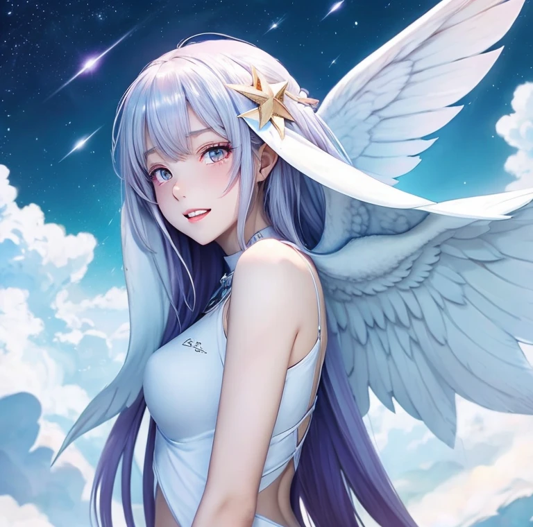 the anime of a white angel girl in between a purple star and clouds with an earthy color palette, sharp teeth, wings, 1girl, solo, teeth, jewelry, long hair, ahoge, crescent, halo, star (symbol), star (sky), purple eyes, white skin girl, Badly aligned teeth, mouth open, white hair girl, double teeth, teeth are dirty, angel wings on the back, I have a tattoo of a constellation, Inverted triangle pattern under the eyes,Teeth are very badly aligned, very white skin, very long tongue