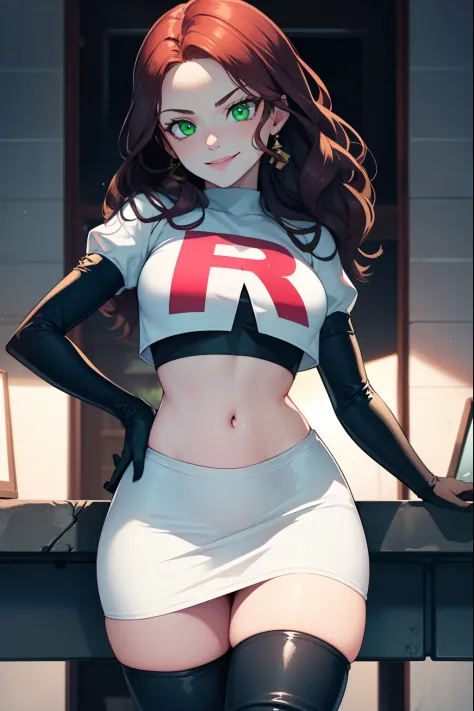 Dorothea, green eyes, glossy lips ,Team Rocket,Team Rocket uniform, red letter R, white skirt,white crop top,black thigh high boots, black elbow gloves , looking at the viewer, evil smile, fold your arms