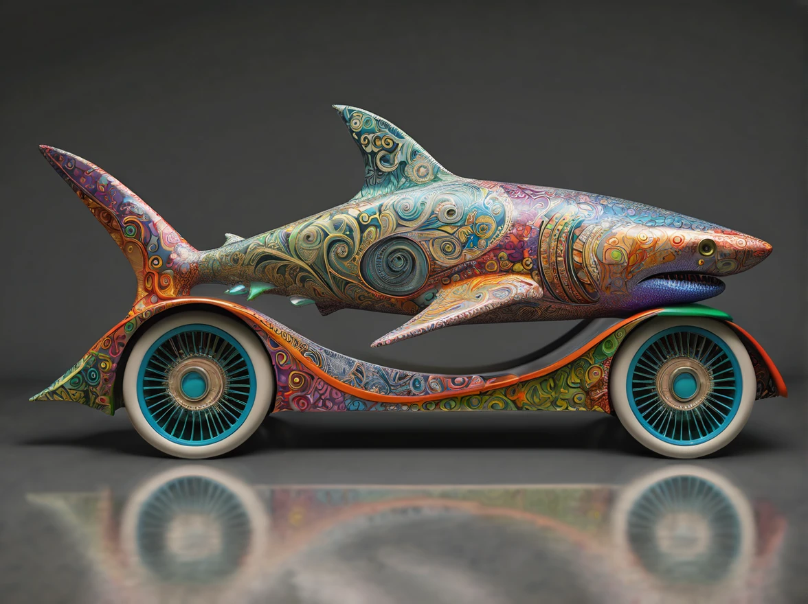 A zentangle shark shaped car with wheels and windows, metallic, 3D rendered, best quality, ultra-detailed, realistic, vivid colors, sharp focus, professional, portraits, landscape, concept artists, vibrant color palette, dramatic lighting