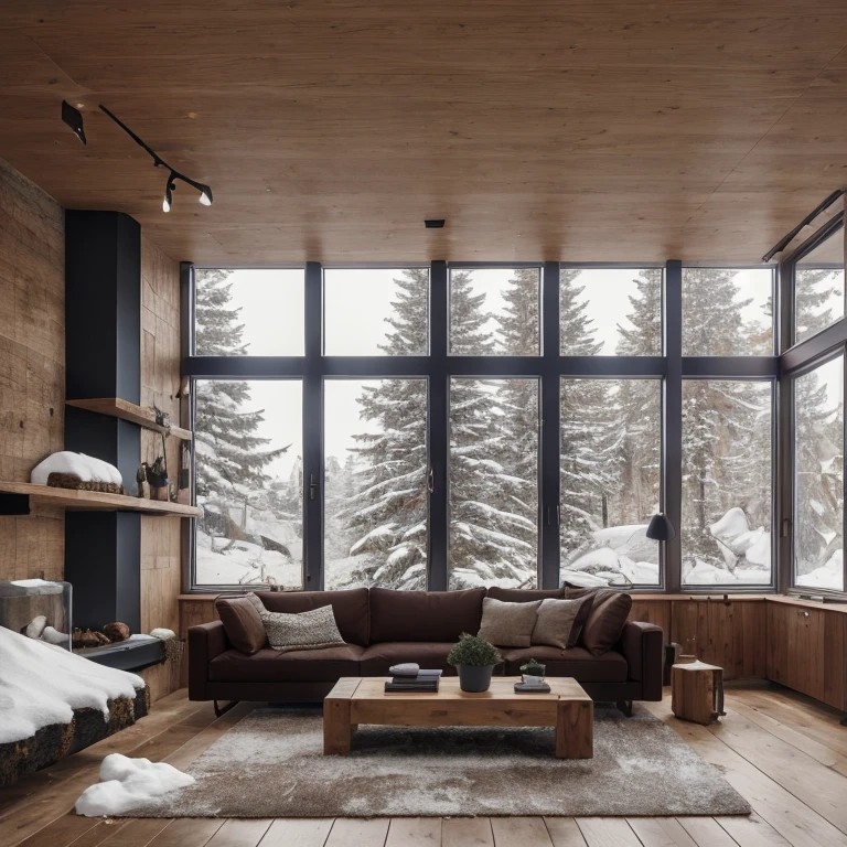 8k,32k,best quality, chair, sofa, plant, snow landscape, absurdities, composition, cup, interior, floor to ceiling window, wooden floor, living room, dark brown