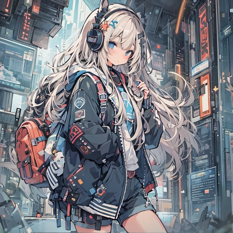 8K resolution、((highest quality))、((masterpiece))、((super detailed))、1 female、独奏、incredibly absurd、Oversized hoodie、long hair、hair is the universe、bright colored eyes、put one&#39;s hand in one&#39;s pocket、shorts、Water Drop Masterpiece、1 female、hoodie、headphones、street、outdoor、snow