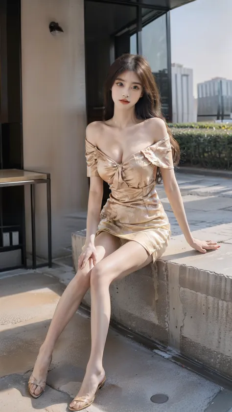 short sleeves,off shoulder, dress, best quality, full body portrait，Exquisite face shape，A pair of beautiful big eyes，pretty face，25-year-old woman，fit，bigger bust，exterior，sitting position，yellow long hair, elegant posture, Warm colors, Color saturation
