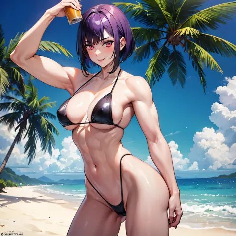(((1girl) ,pale skin, Masterpiece, ultra quality)), purple short hair, red eyes, posing to pictures, muscle body,strong body, muscle arms, muscle legs,black brazilian micro bikini,nsfw, oiled body, smiling, drinking a beer, on beach