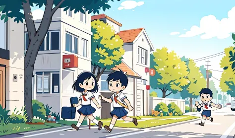 morning，a girl，a boy，Walking on the road in school uniform，The school is far away，