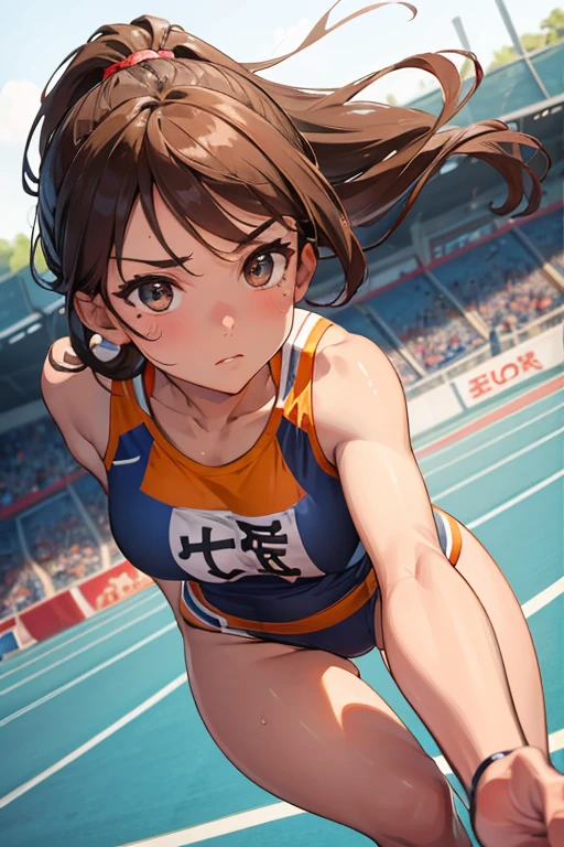 1 Beautiful ,dynamic angle,girl track and field athlete,small head,big breasts,meaty, at track and field ,(detailed beautiful face:1.4),detailed skin、backwards