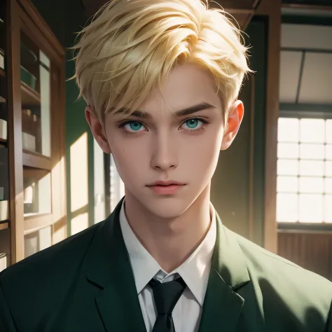 Green eyes, Round eyes, Short hair, Blonde hair, Pixie cut, using school uniform for a senior boy, in the school, normal face, bright color.