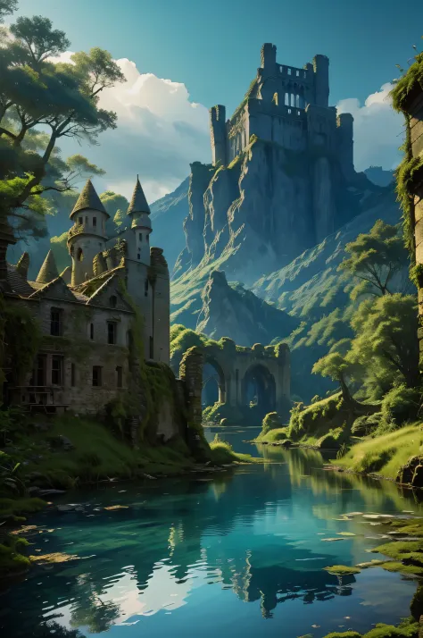 ruined castle,facing,lake,reflection,water,glory days,best quality,ultra-detailed,realistic,landscape,ancient stone walls,crumbling,tall towers,dilapidated structures,moss-covered,overgrown vegetation,cracked windows,majestic,mysterious atmosphere,haunting...