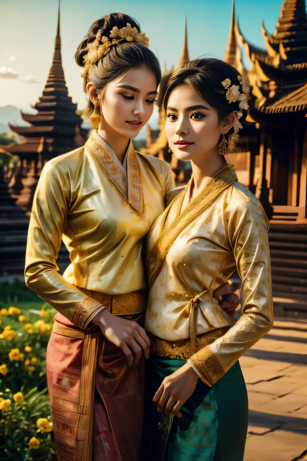 dos hermosas mujeres jóvenes de ascendencia Tai Khun, adornado con un traje tradicional meticulosamente elaborado de Keng Tong Tai Khun, se alza elegantemente con el telón de fondo de los majestuosos templos de Bagan. Their attire shimmers with bordado intrincado and gold accents, cada elemento cuidadosamente elegido para reflejar el rico patrimonio cultural de su pueblo.

detalles:

rasgos faciales: Los rostros de las mujeres lucen radiantes y juveniles., con rasgos delicados y ojos cautivadores que brillan con calidez e inteligencia. Su cabello está peinado en un moño desordenado adornado con flores frescas y asegurado con un alfiler dorado., añadiendo un toque de elegancia y fantasía..
traje tradicional: El traje Keng Tong Tai Khun es una obra maestra de artesanía estilo camiseta sin mangas., con sedas vibrantes, bordado intrincado, y delicados adornos dorados. El largo, falda fluida cae en cascada con gracia alrededor de sus piernas, mientras que el corpiño ajustado acentúa su esbelta figura. Un tocado tradicional añade un toque majestuoso a su conjunto..
Accesorios: La belleza de las mujeres se ve realzada aún más por una deslumbrante variedad de joyas tradicionales.. Brazaletes rodean sus muñecas., un collar llamativo adorna su cuello, y delicados aretes cuelgan de sus orejas. Cada pieza está elaborada de forma intrincada y añade un toque de lujo a su apariencia general..
Bagan temples background: Los antiguos templos de Bagan proporcionan un telón de fondo impresionante para el retrato.. Sus ladrillos desgastados y sus imponentes agujas añaden un toque de grandeza y misterio a la escena.. Los tonos cálidos del amanecer o del atardecer bañan los templos con un brillo dorado., creando una atmósfera verdaderamente mágica.