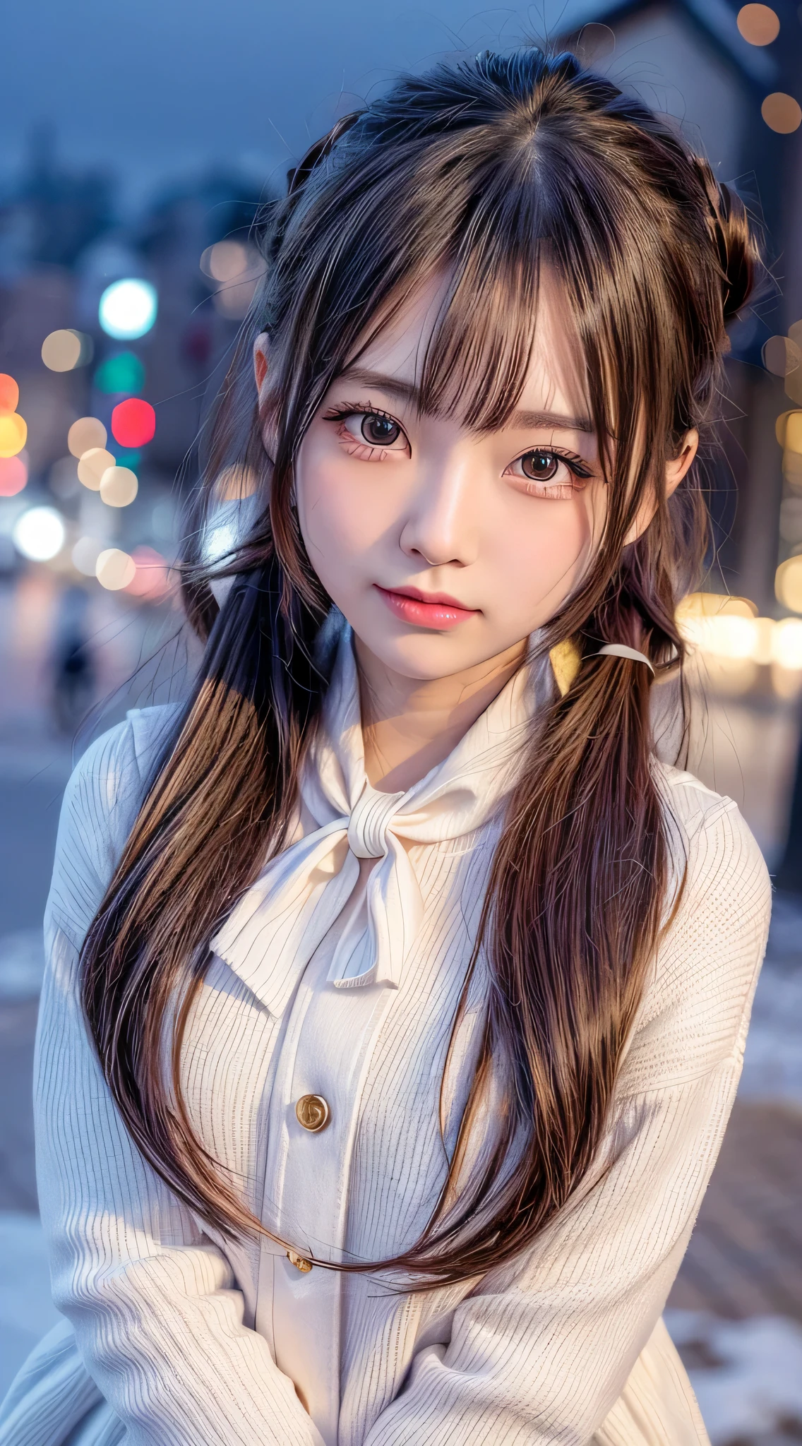 blush,long hair ponytail,big ribbon in her hair,(8K, Raw photo, best quality, muste piece:1.2), (Reality, photorealistic:1.4), (Highly detailed 8K wallpaper),  sharp focus, Depth of bounds written, cinematic lighting, soft light, detailed beauty eye,Shiny and smooth light brown ponytail, asymmetrical bangs, shiny skin, super detailed skin ,high resolution, high detail, detailed hairstyle, detailed beauty face, hyper real, perfect limbs, perfect anatomy ,1 Japanese girl,famous japanese idol, perfect female body,shy smile,short eyelashes,double-edged eyelids,look straight here,Hair style is ponytail,wear a ribbon, office,long ponytail hairstyle,Wearing scrunchies,wearing a long coat,The Street,Stand up straight and face me,So that the whole body can be seen,winter,warm clothes,look straight at me,wearing a scarf,It's snowing,european cityscape,cobblestone road,European churches can be seen in the background,in front of a church in europe,night time,illumination is shining,chest is small