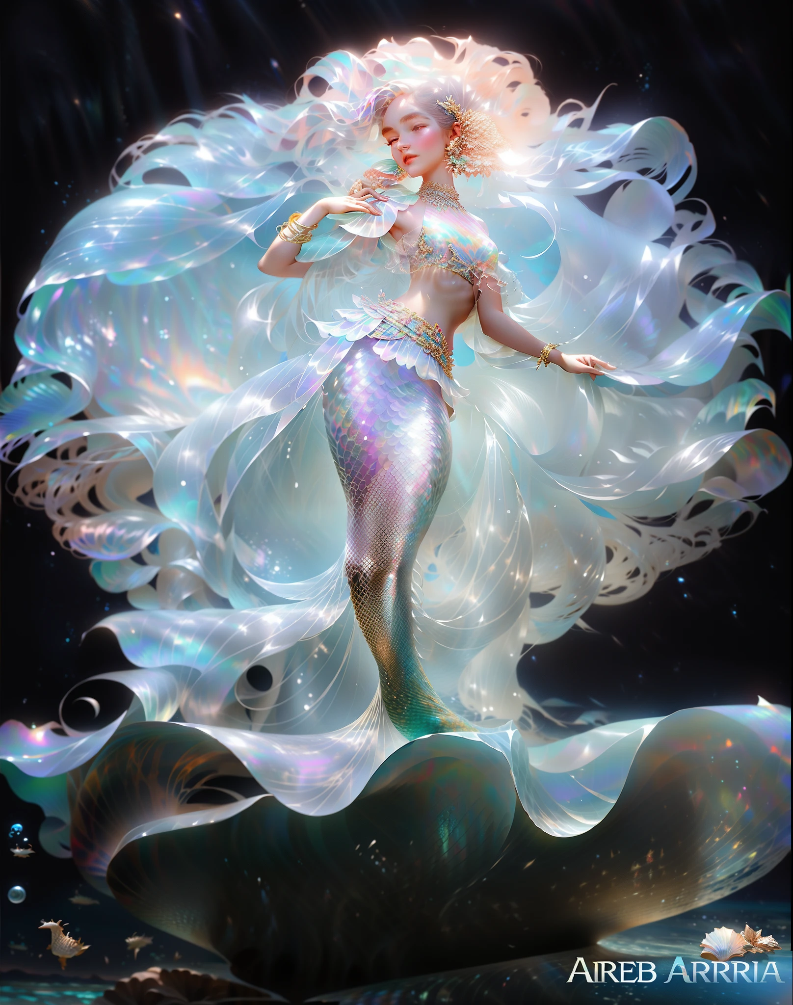 Araf woman in skirt stands on a large seashell, wearing seashell attire, Queen of the Sea Mu Yanling, mother-of-pearl orchid, Emma Watson as sea mermaid, James Jean and Rolf Armstrong, sea goddess, The birth of Venus, opal statues adorned in jewels, Ariana Grande as a mermaid, author：Barbara Balmer