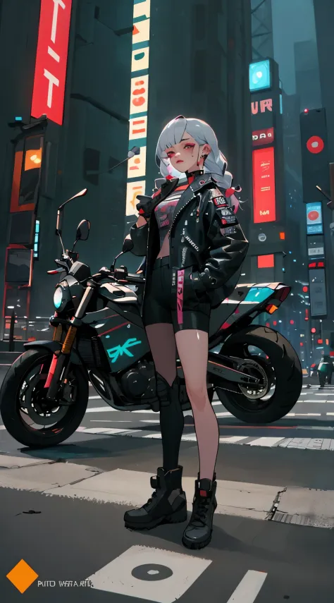 masterpiece, best quality, Confident cyberpunk 2077 girl, full body shot, ((standing in front of motorcycle)), Harajuku-inspired...