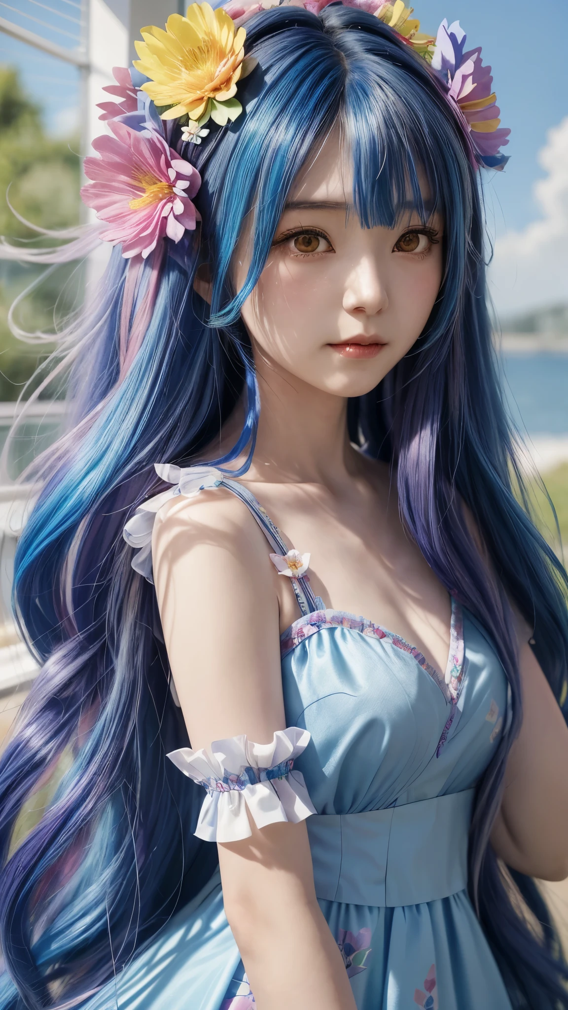 A long-haired C-cup woman wearing a blue dress with flowers in her rainbow-colored hair., beautiful anime girl, anime girl cosplay, beautiful anime style, Gweiz, by Jan J., long hair anime girl, artwork in the style of Gweiz, realistic. Chen Yi, long hair asian girl, real anime girl, beautiful anime portrait