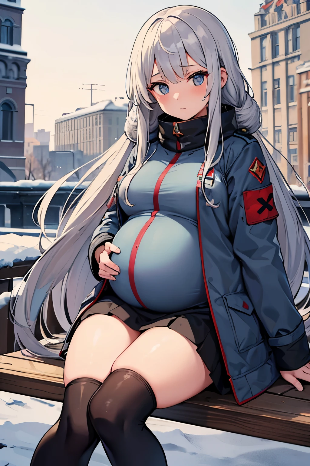 Anime girl sitting on a bench with her belly in her hands - SeaArt AI