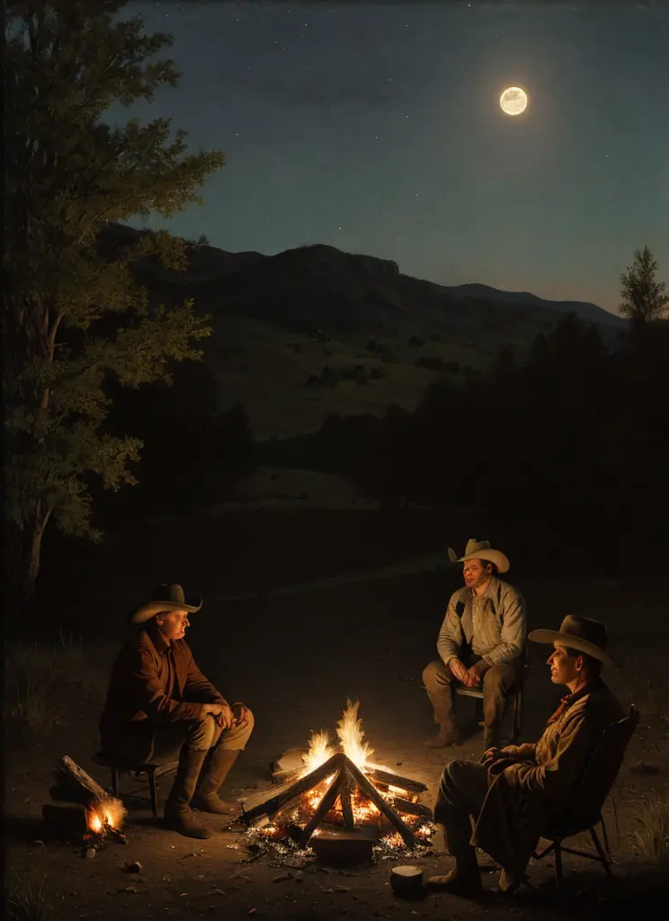 chalk on vermillion canvas oil painting, a lone cowboy sitting by a campfire late at night, half moon, johnson moonlight techniq...