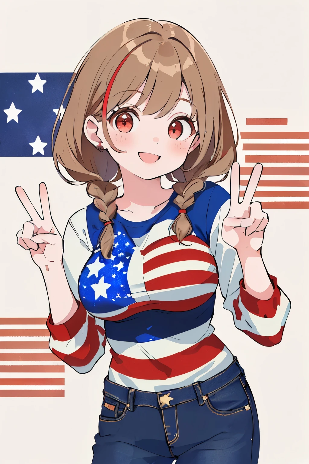 Little,cute,girl,(high quality:1.5),(High resolution:1.5),(light brown hair:1.2),(red eyes:1.2),(long braided hair:1.25),(fluffy and voluminous hair:1.25),(🇺🇸:1.4),(Costumes inspired by the American flag:1.4),(POP and casual clothes:1.3),(big breasts),(Smiling and having fun:1.3),(peace sign with both hands:1.35),(Lively and colorful background:1.35),(blush:1.1)