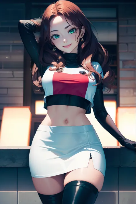 Dorothea, green eyes, glossy lips ,Team Rocket,Team Rocket uniform, red letter R, white skirt,white crop top,black thigh high boots, black elbow gloves , looking at the viewer, evil smile, fold your arms